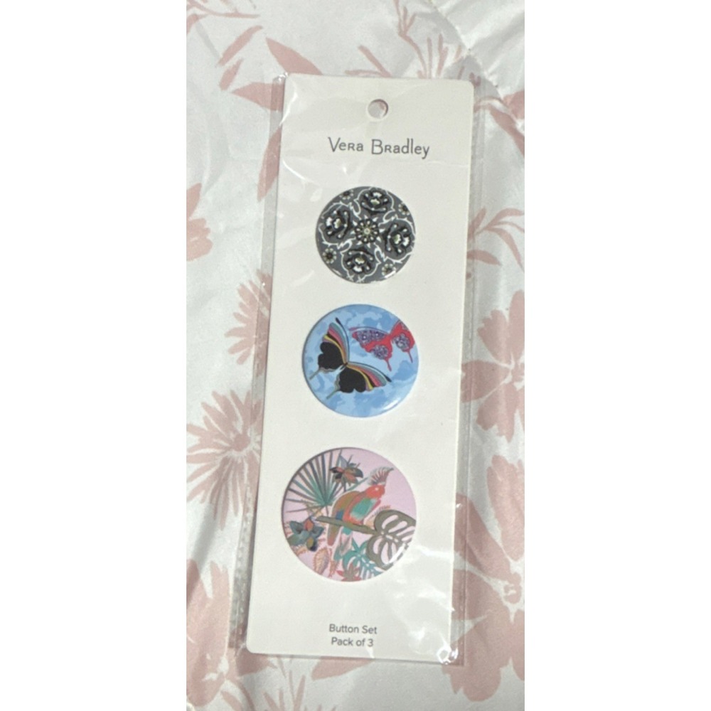 Vera Bradley Pack of 3 Round Metal Pins Multicolor Butterfly Birds Floral